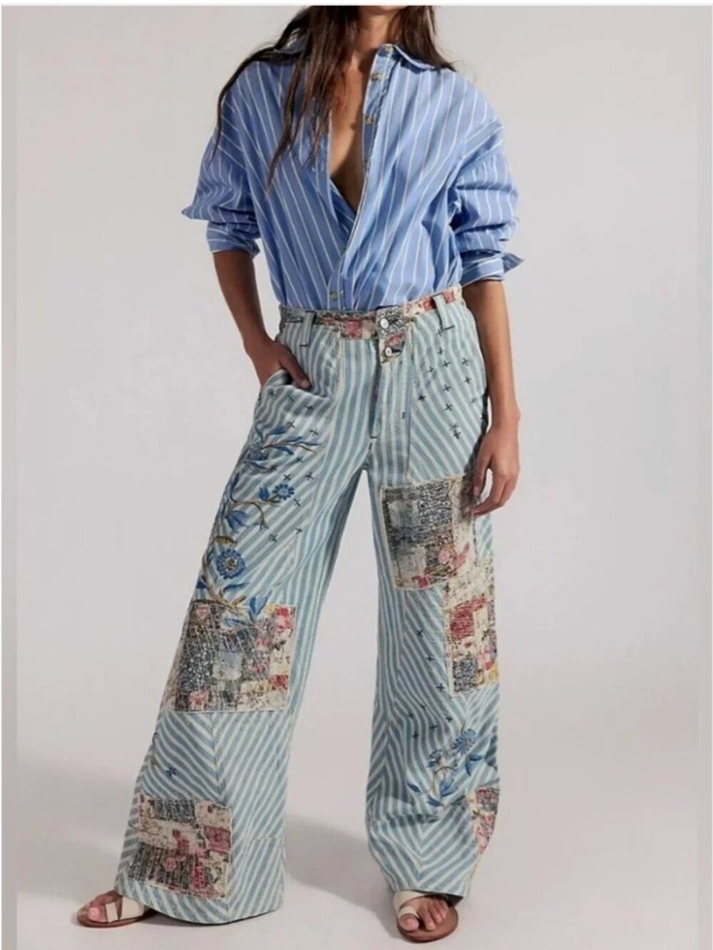 Free People NWT Patchwork Wide Leg Railroad Stripe Cotton Fabric Jeans Pants
